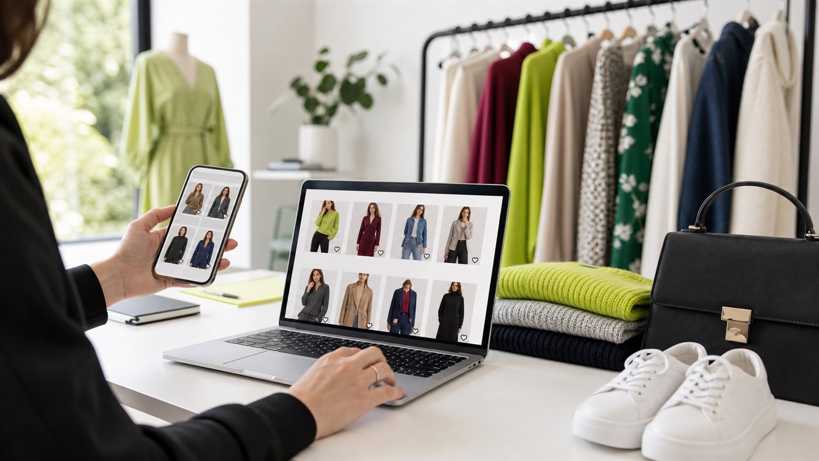 Fashion shopper saving clothing and accessories while browsing an online store