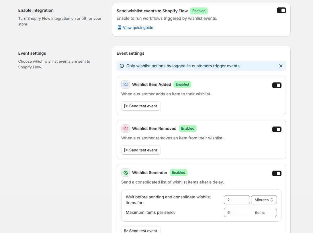 TValue Shopify Flow integration showing enabled wishlist triggers and Wishlist Reminder settings