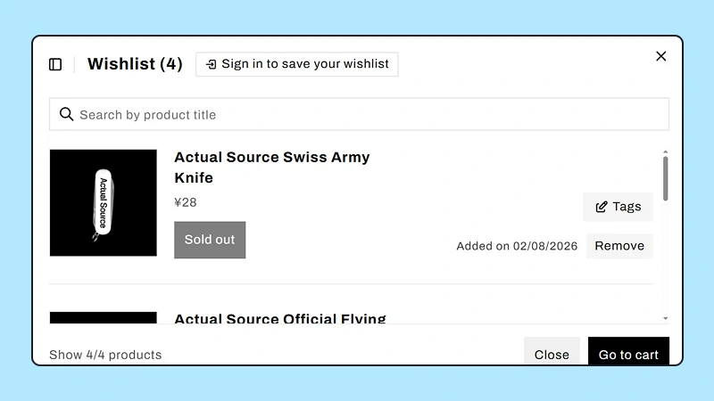 TValue Wishlist popup showing saved products, search, product actions, and a sign-in option