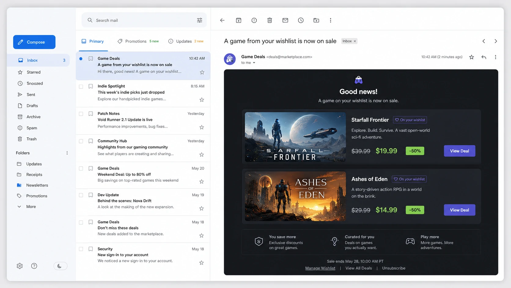 Wishlist price-drop email showing saved products with their previous and current prices