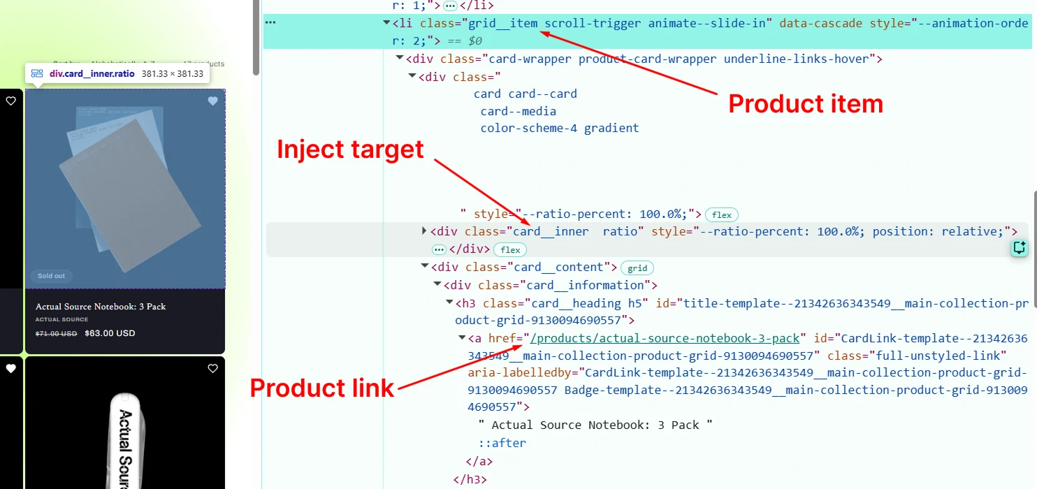 Finding product item, product link, and inject target selectors for a product listing