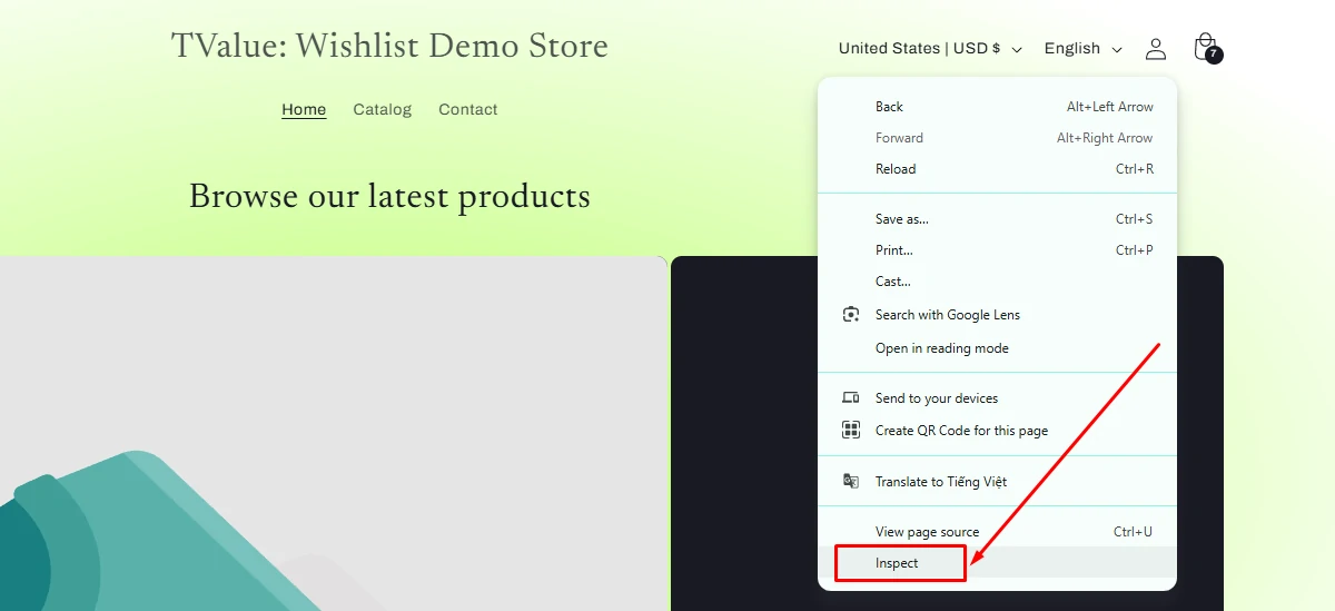 Inspecting a storefront header for custom wishlist header button placement