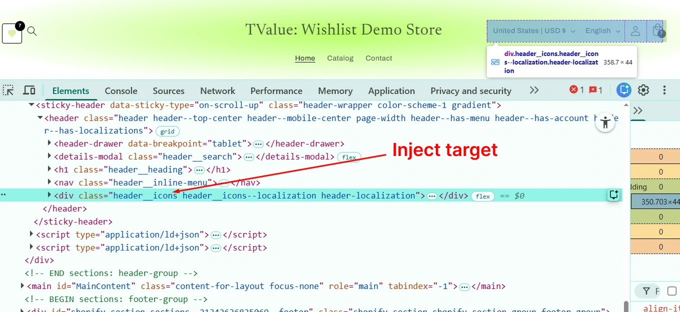 Finding the inject target selector for a wishlist header button