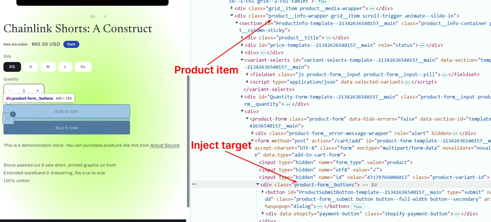 Finding product item and inject target selectors for a product page